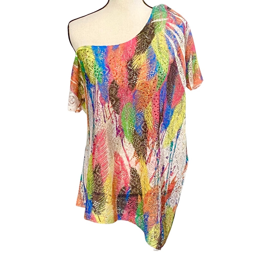 Deb Blouse L Rainbow Asymmetrical Feathers Jeweled Off the Shoulder 80’s Style